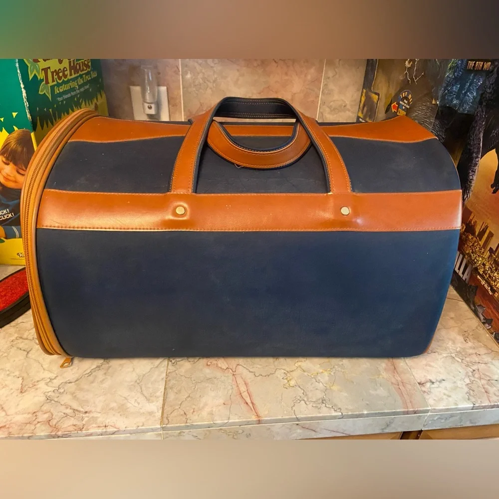 Vintage Carlaid Paris Handcrafted Navy Canvas & Leather Small Pet Carrier